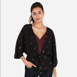 Feather Cinched Kimono Sleeve Top